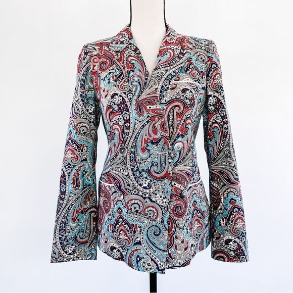 Sea New York Blue Paisley Print Pattern Double Breasted Blazer Jacket Sz 2 - Picture 2 of 5